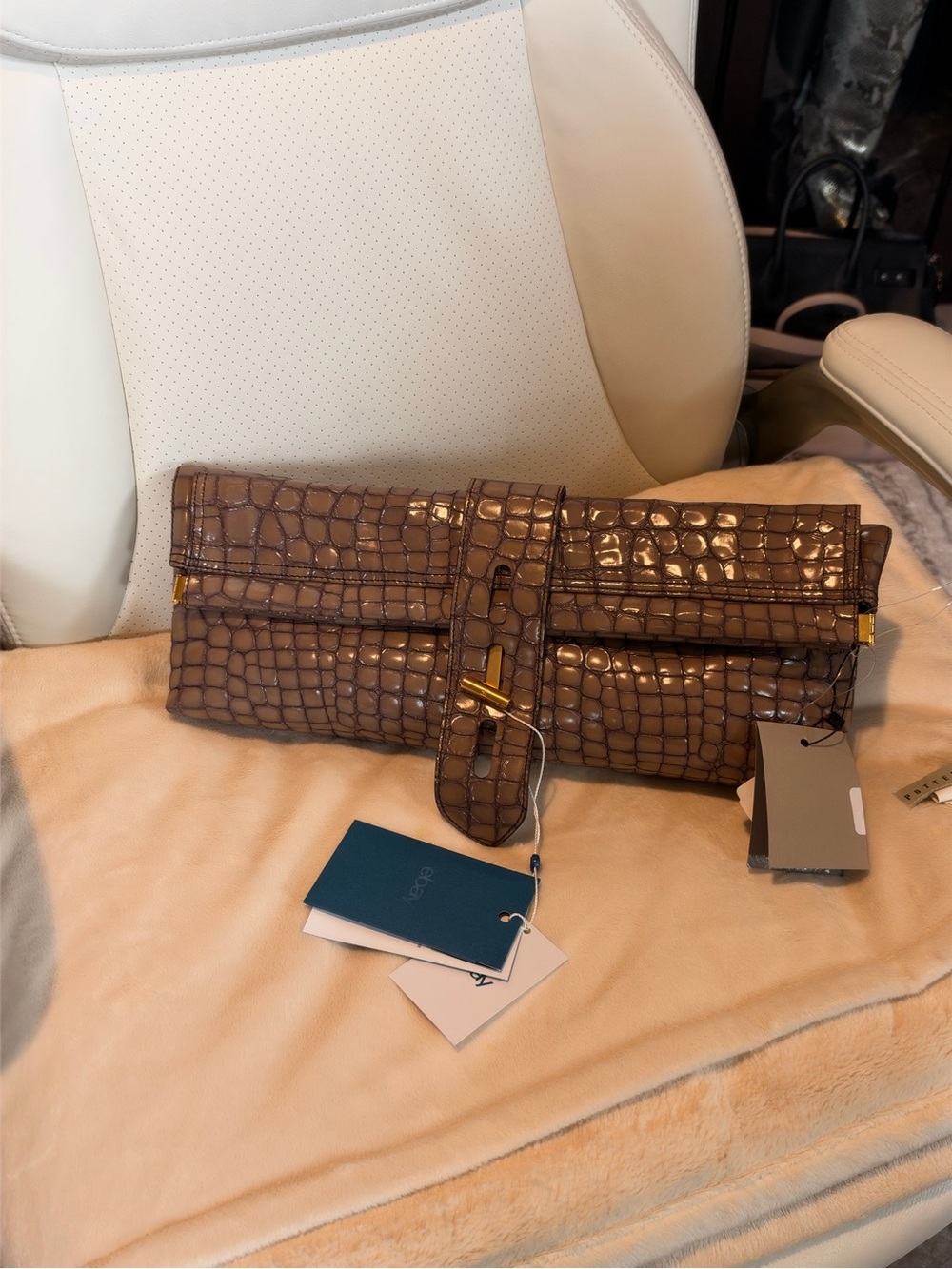 Tom Ford Brown Croc-Embossed Leather Foldover Clutch with Gold Hardware